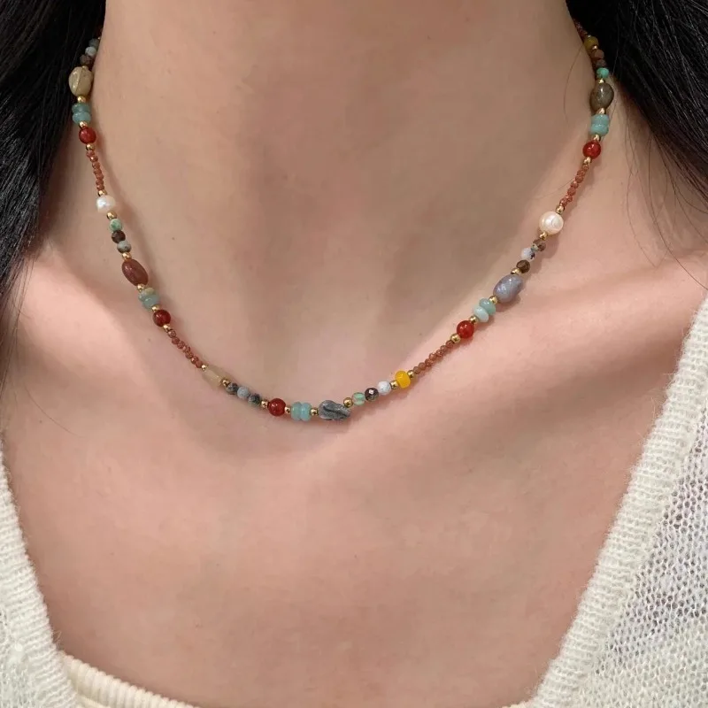 Mori Dopamine Natural Stone Beaded Choker Necklace for Women with Elegant Versatile Unique Niche Spring Summer Handmade Jewelry