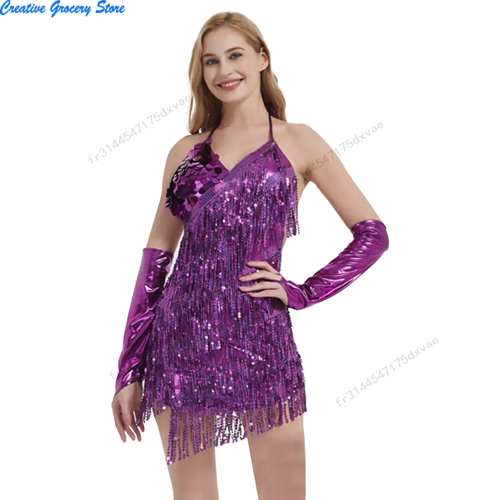 فستان قصير مرقع بشراشيب مطرز للنساء ملابس الرقص اللاتينية فستان متعدد الألوان بدون ظهر غير منتظم بأكمام طويلة