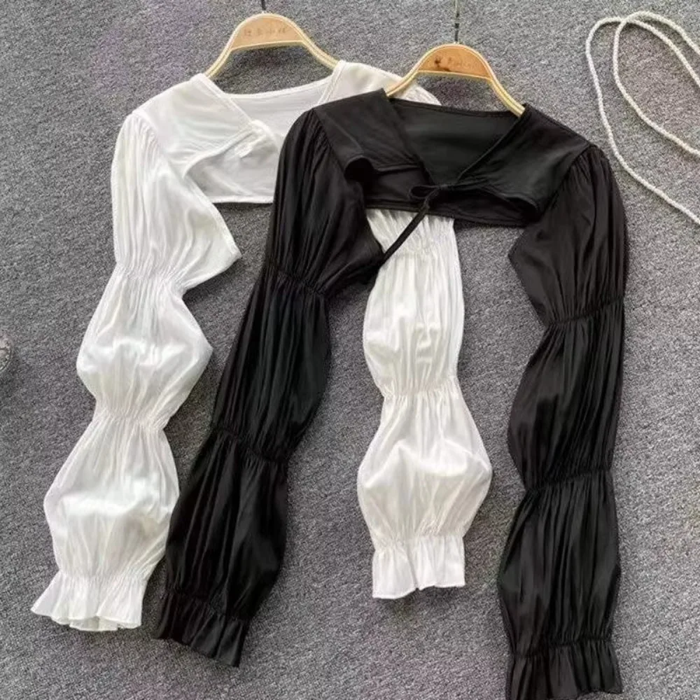 

Korean Summer Sunscreen Shawl O-Neck Puff Sleeve Chiffon Short Top Solid Color Off Shoulder Top Women