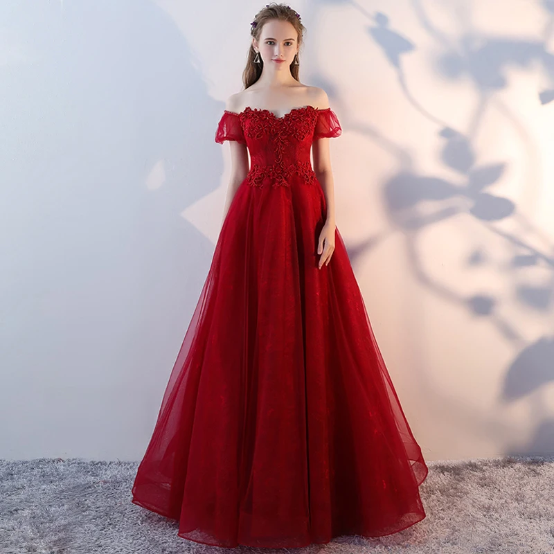 F299 Pregnant Women's Empire Waist Wedding Dresses Floor Length Sexy Off-Shoulder Long Wine Red Tulle Netting Evening Dress