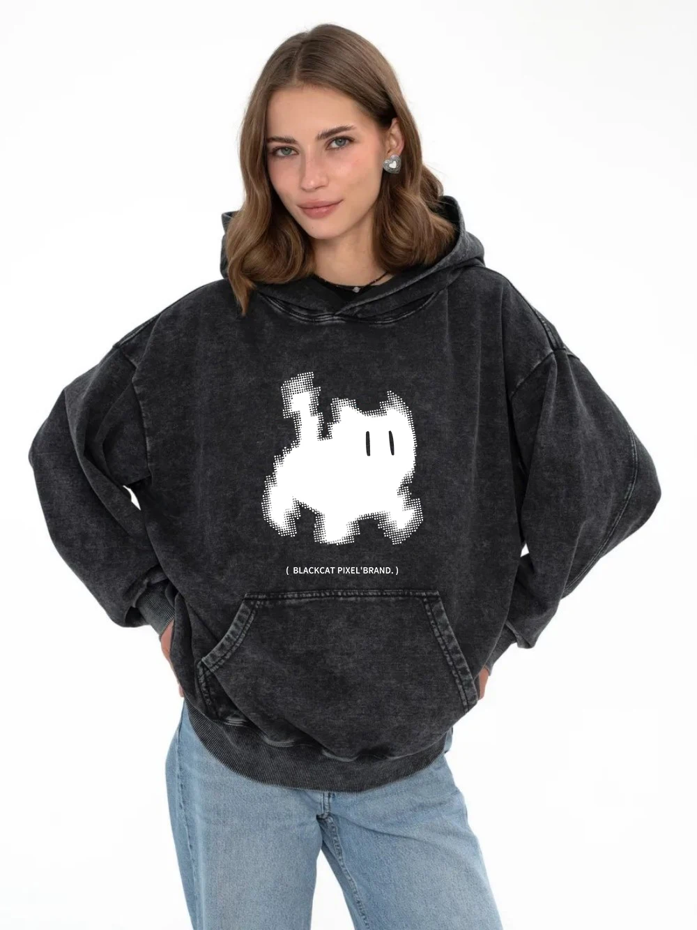 

Oversized Womans Washed Hoodie Black Cat Pixel Cartoons Printing Pullover Comfortable Warm Cotton Hoody Casual Couple Clothes