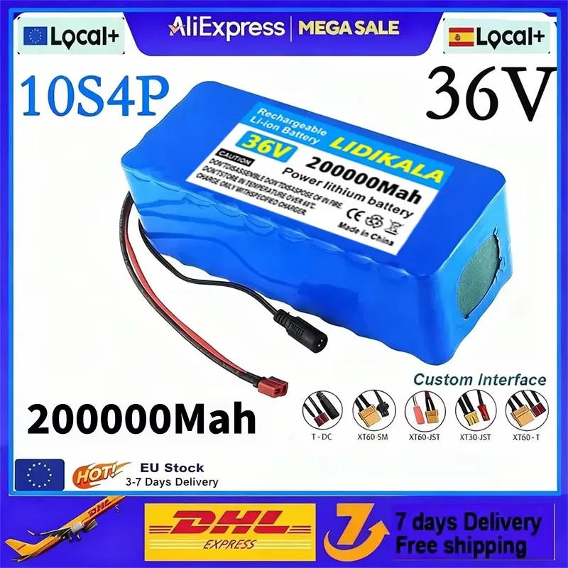 Image of Neu verbessertes 36V 10S4P 200Ah 200000mAh 18650 Lithium-Ionen-Akkupack, 250W-1000W Hochleistungsmotor, geeignet für elektrisches Skateboard-Balance-Car, mit BMS+Ladegerät