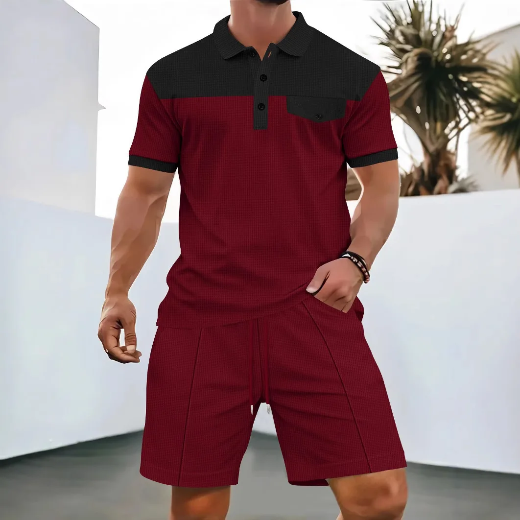 

Men's waffle-knit polo shirt and shorts set. Two-piece casual short-sleeved polo shirt with drawstring shorts. Summer streetwear