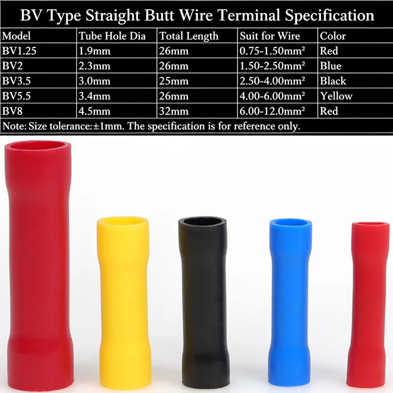 10~200P  BV1.25 BV2 BV3.5 BV5.5 BV8 PVC Copper Tube Electrical Cable Straight Butt Wire Terminals Splice Insulated Crimp Suppliy