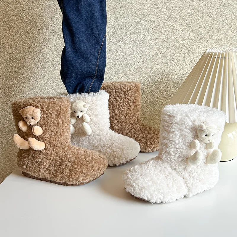 

2025 New Winter Children's Shoes, Cute Little Bear for Girls, Fashionable One Step Boots with Velvet for Girls, Warm Boots
