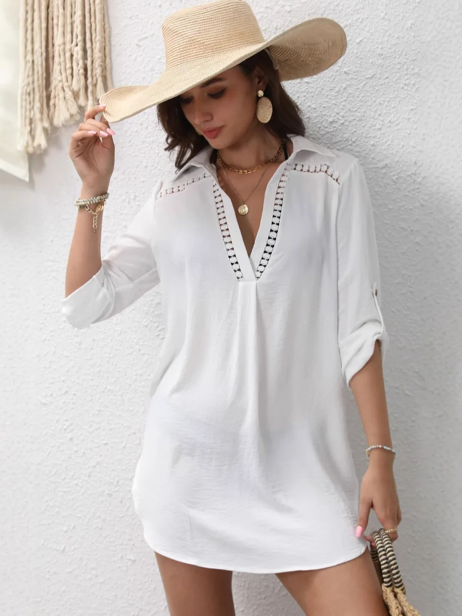 Ultralightweight Coverup Ruched V Neck Cover Up Intricate Openwork Crochet Bikini Coverup Tropical Beach Vacation Coverup