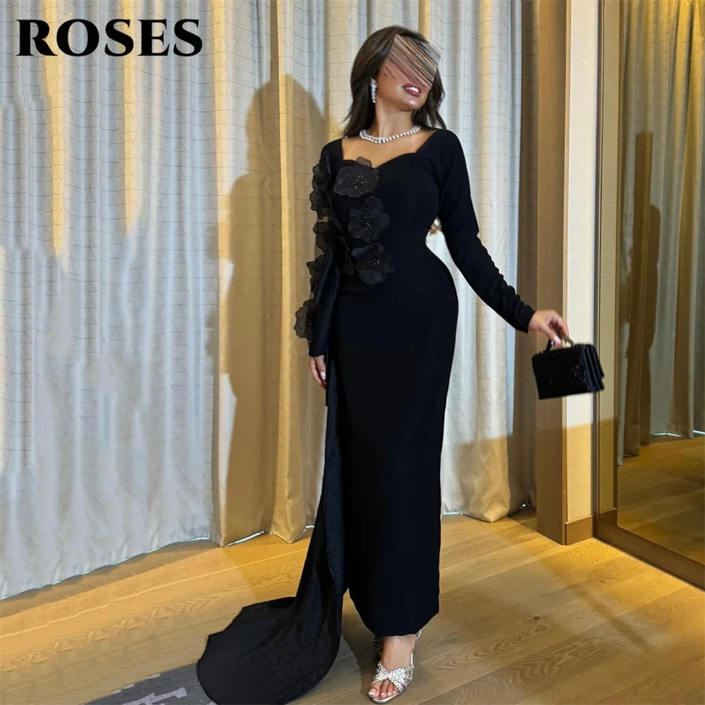 

ROSES Black Prom Dresses Sweetheart Neck Celebrity Dress Sheer Sleeve Evening Dress with Floral Appliques Party Dress Customized