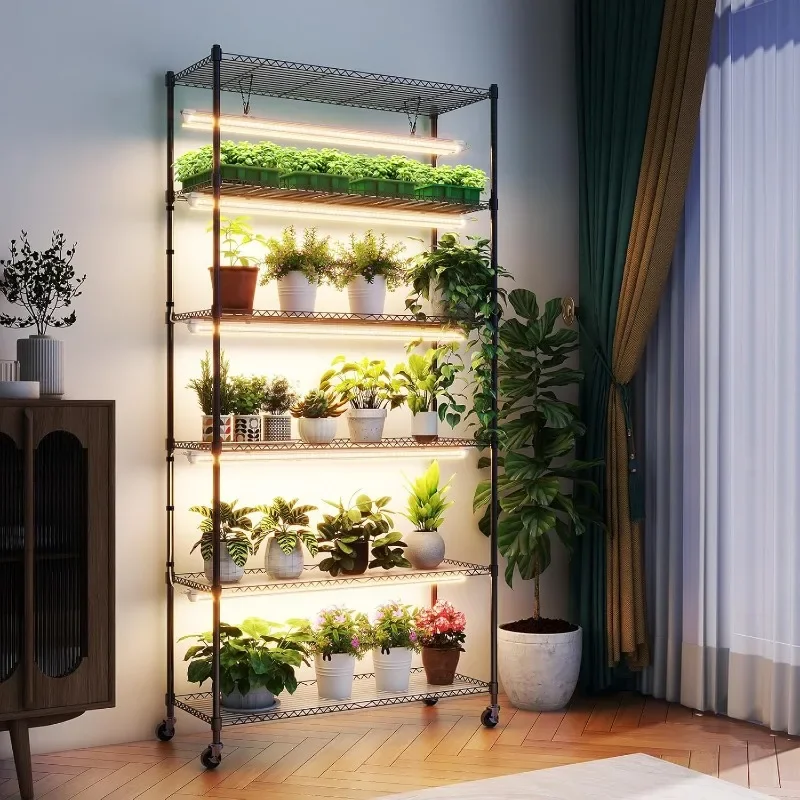 

Plant Stand with Grow Lights, 3FT T8 Full 150W Yellow LED Plant Lights 5 Packs, Indoor Plant Shelf