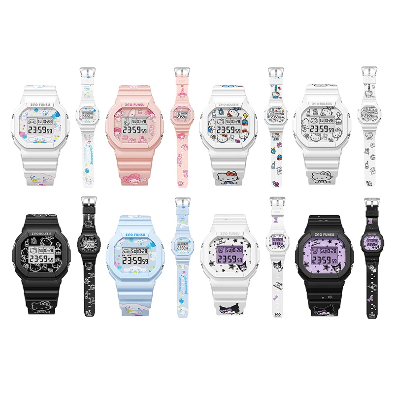 Miniso Anime Cartoon Sanrio Hello Kitty Melody Kuromi High-end Boys Girls Luminous Waterproof Rubber Belt Watch Wristwatch