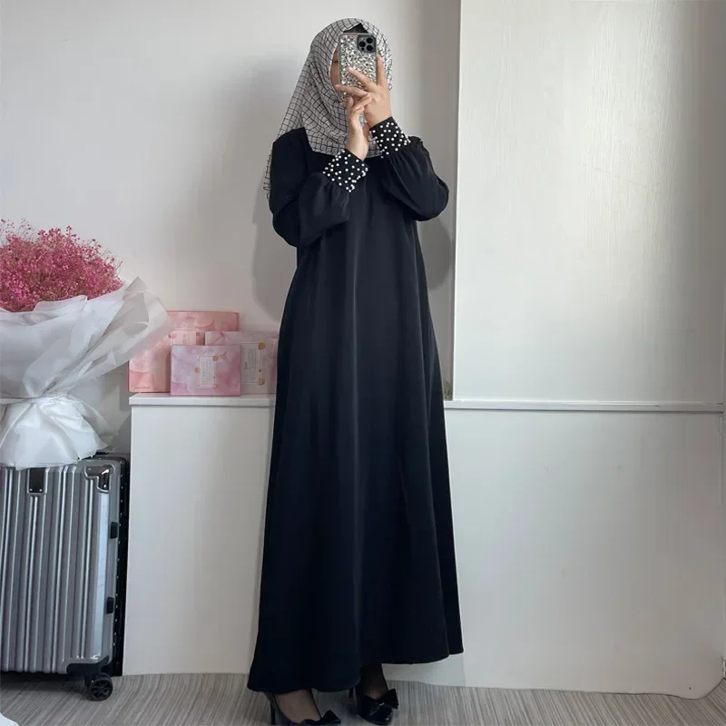 

Muslim Abaya Ethnic Style Pearl Islam Abaya Dress Solid Loose Casual Robe Femme Musulman for Middle East Arabia Long Malay Dress