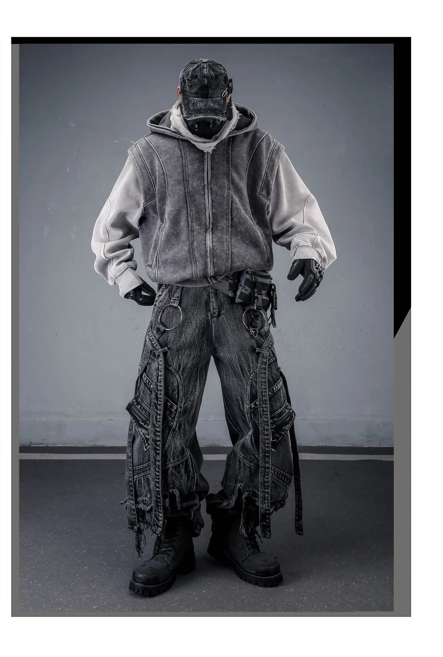 Washed Distressed Fake Two Piece Patchwork Punk Vintage Hoodies Man Techwear Gothic Zip Up Hoodie Street Wear