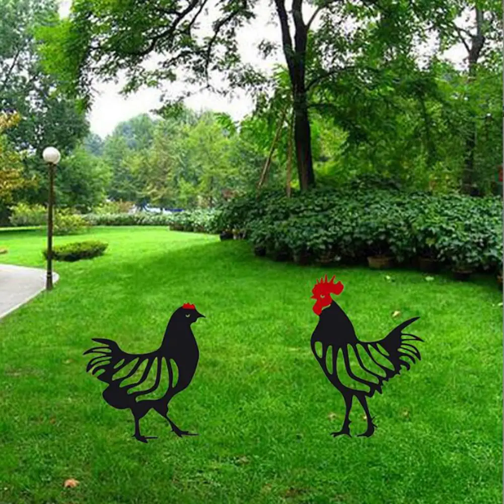 Wrought Iron Rooster Ornament Hollow Out Ground Plug Rooster Sculpture Family Figure Chicken Yard Art Garden Metal Statue Decor