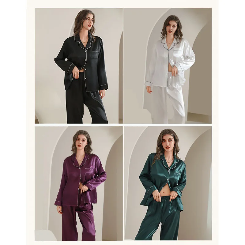 

Ladies' spring and autumn pajama set, simple and casual button-up top and long pants, two-piece home wear set.