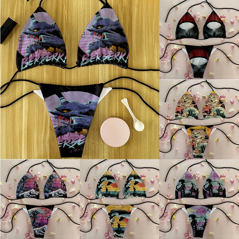 Japanese Style Printed Sexy Bikini Swimsuit Women Split Swimwear Sling Backless Metal Buckle Bathing Suit Summer Beach Swimming