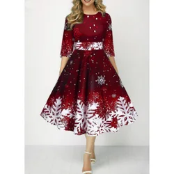 Christmas Style Women's Clothing New Fashion Personality Snowflake Digital Print Temperament Mid Sleeve Waist Cinching Dress Y2k