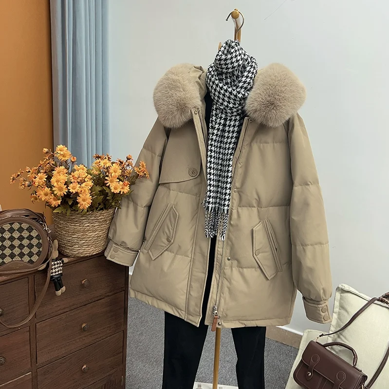 2025 Winter New Women's Down Jacket Loose Hooded Commuter Big Wool Collar Jacket