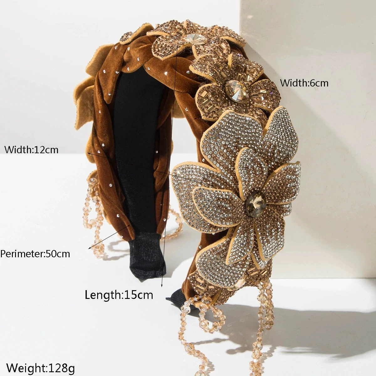 Fashion Flannel Three-dimensional Flower Inlaid Glass Diamond Fringed Headband Shiny Luxury Temperament Lady Hair Accessories