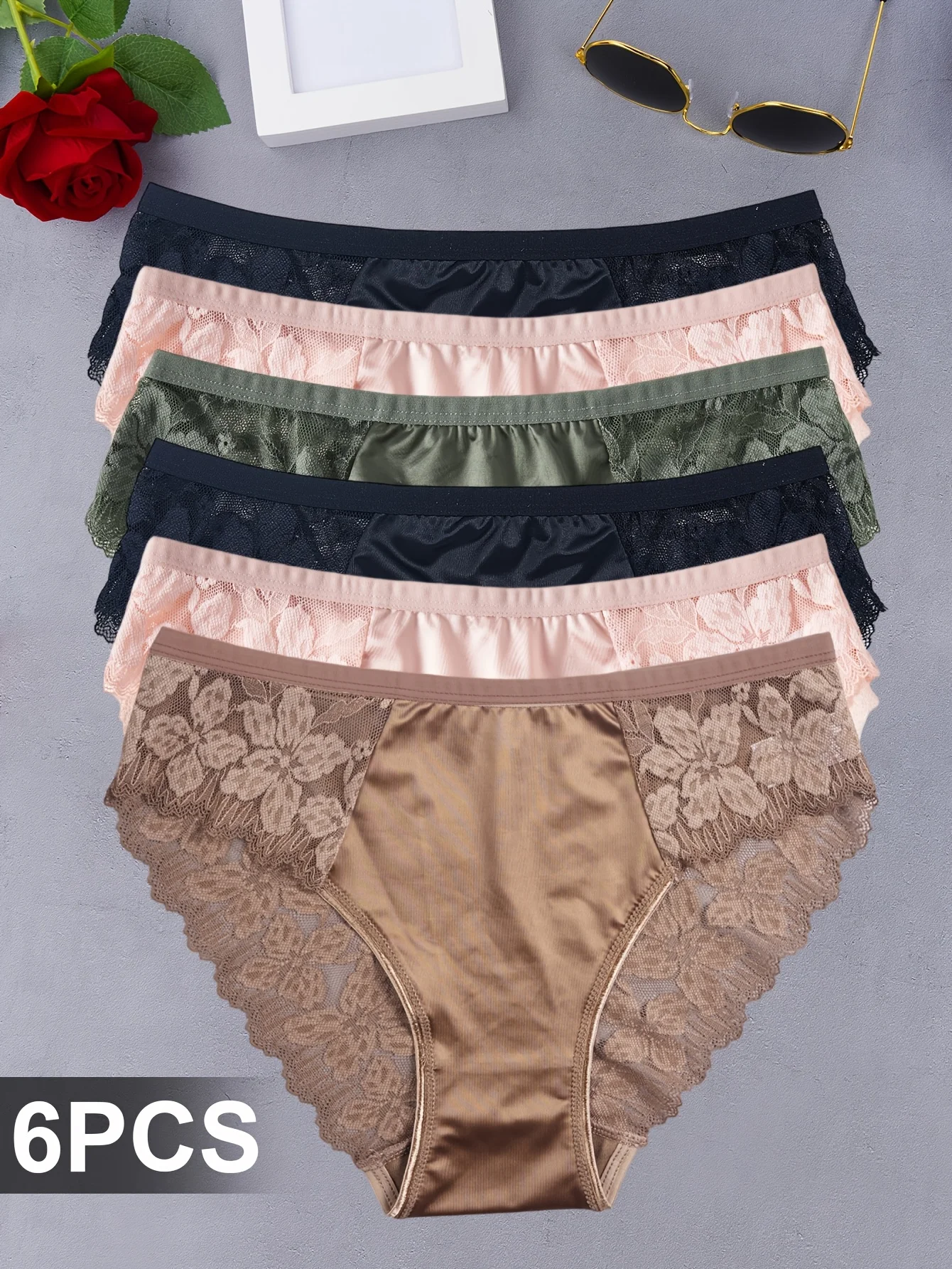 6‑Pack Floral Seamless Satin Panties, Lace‑Spliced Women's Mid‑Rise Briefs