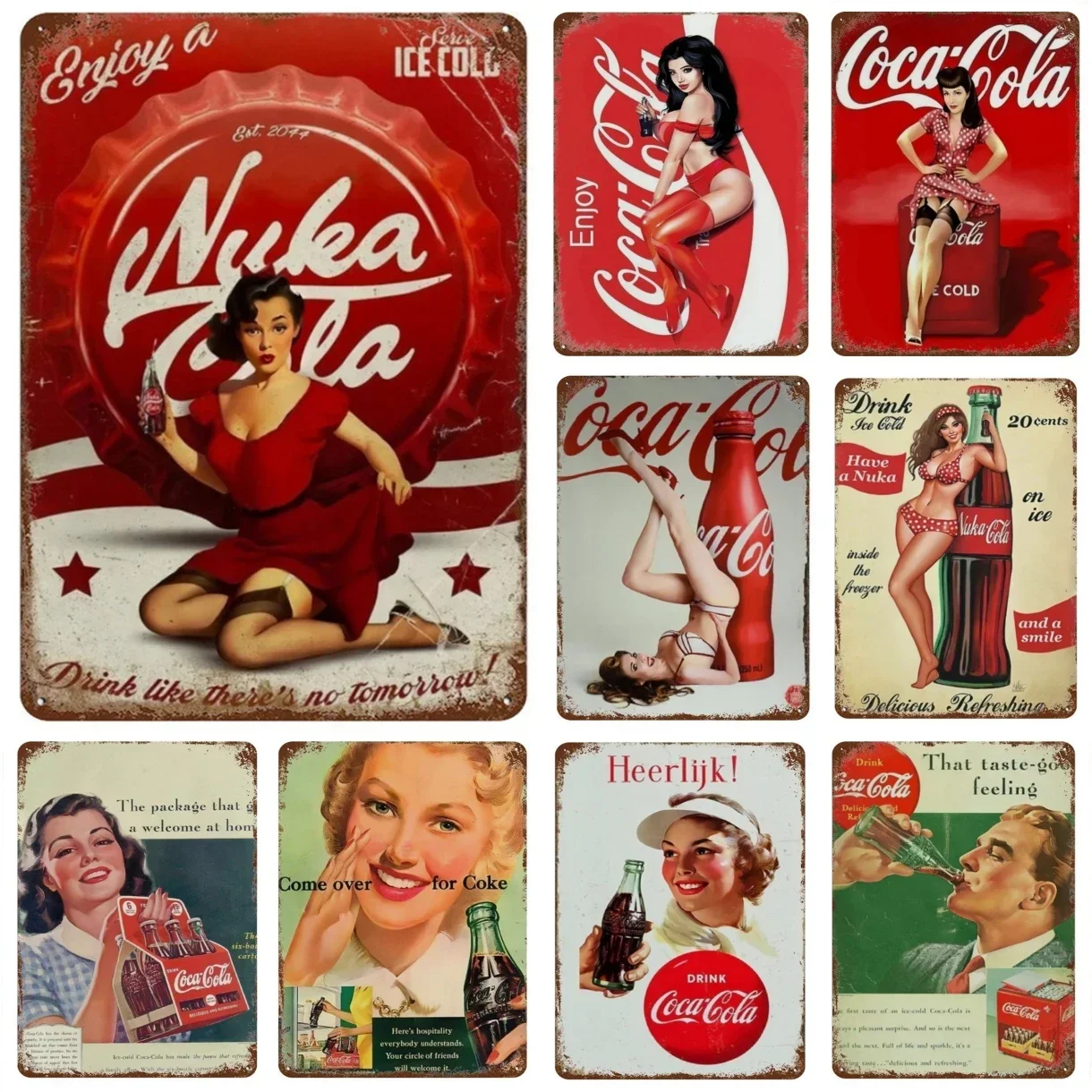 Drinks Cola Pinup Girl Metal Tin Sign Retro Vintage Wall Decor Retro Poster for Bar Pub Cafe Living Room Bedroom Man Cave Garage