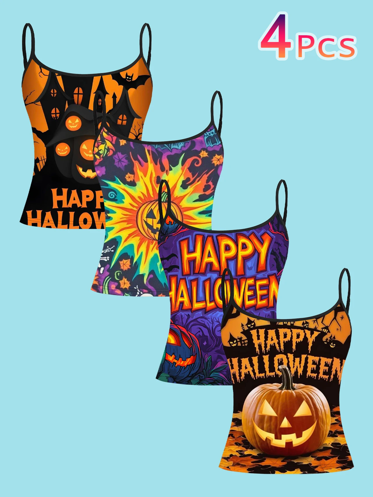4-Pack Halloween Slogan Women's Camisole Tops with Colorful Flame Pumpkin Print, Slim-Fit Spaghetti Strap Short Camisole Tops
