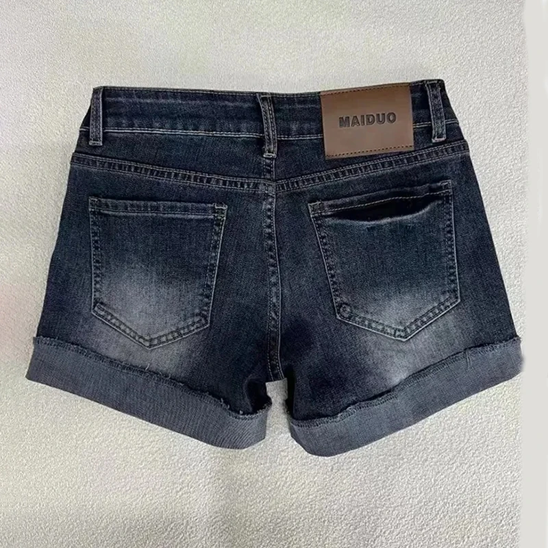 Retro Roll Up Hem Deep Blue Denim Shorts Women Summer Sexy Low Rise Hip Covering Hot Pants American Distressed Washed Jean Short