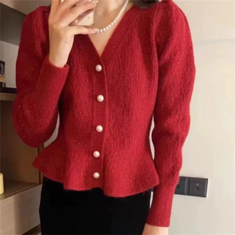 

2025 корейский модный новый свитер, женский однотонный вязаный кардиган с v-образным вырезом и длинными рукавами, уличное пальто, женская одежда