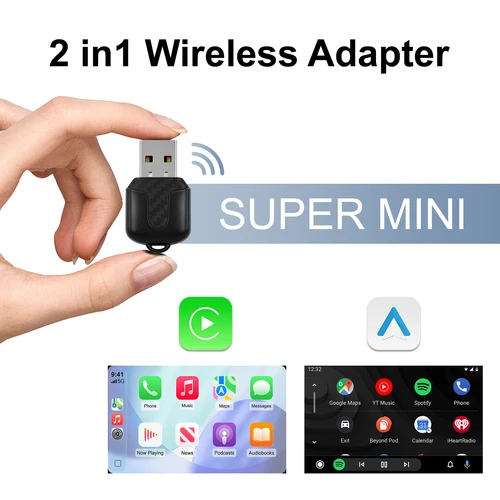 Imagen 1 del producto 2026 Nuevo Mini adaptador inalámbrico CarPlay Android Auto 2 en 1 para coches con cable de fábrica con WiFi 5G BT5.0 Plug and Play OTA actualizaciones