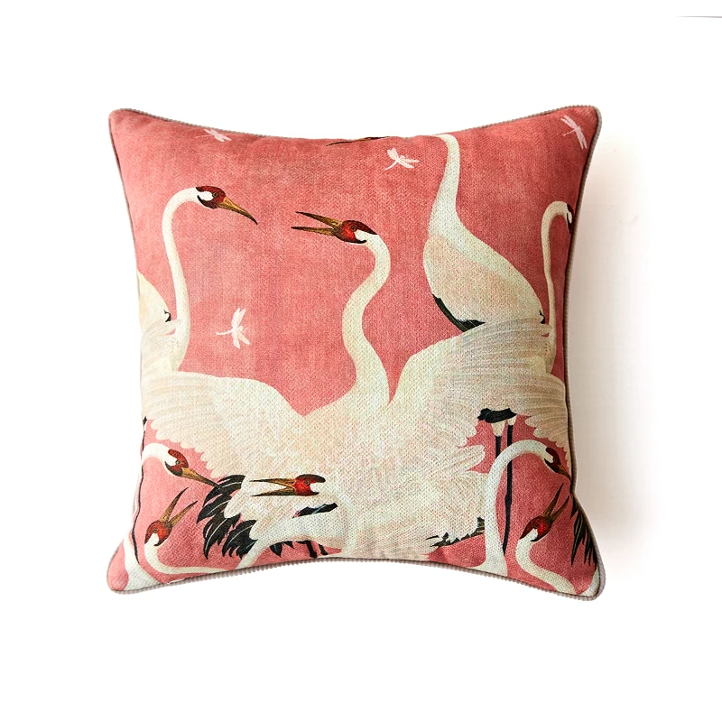 Pink Crane Pillows Luxury Green Chenille Cushion Case Vintage 45x45 50x50 Decorative Pillow Cover For Sofa Chair Home Decoration