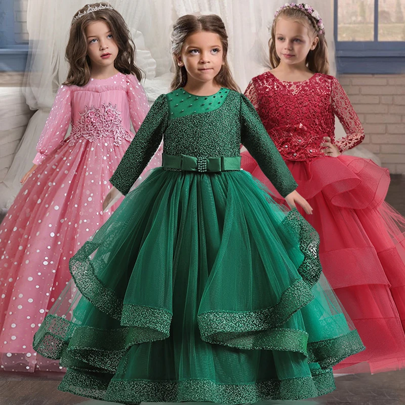 New girl's first birthday party dress medium long sleeve bubble sleeve fluffy dress girl beaded lace graduation Prom Dress