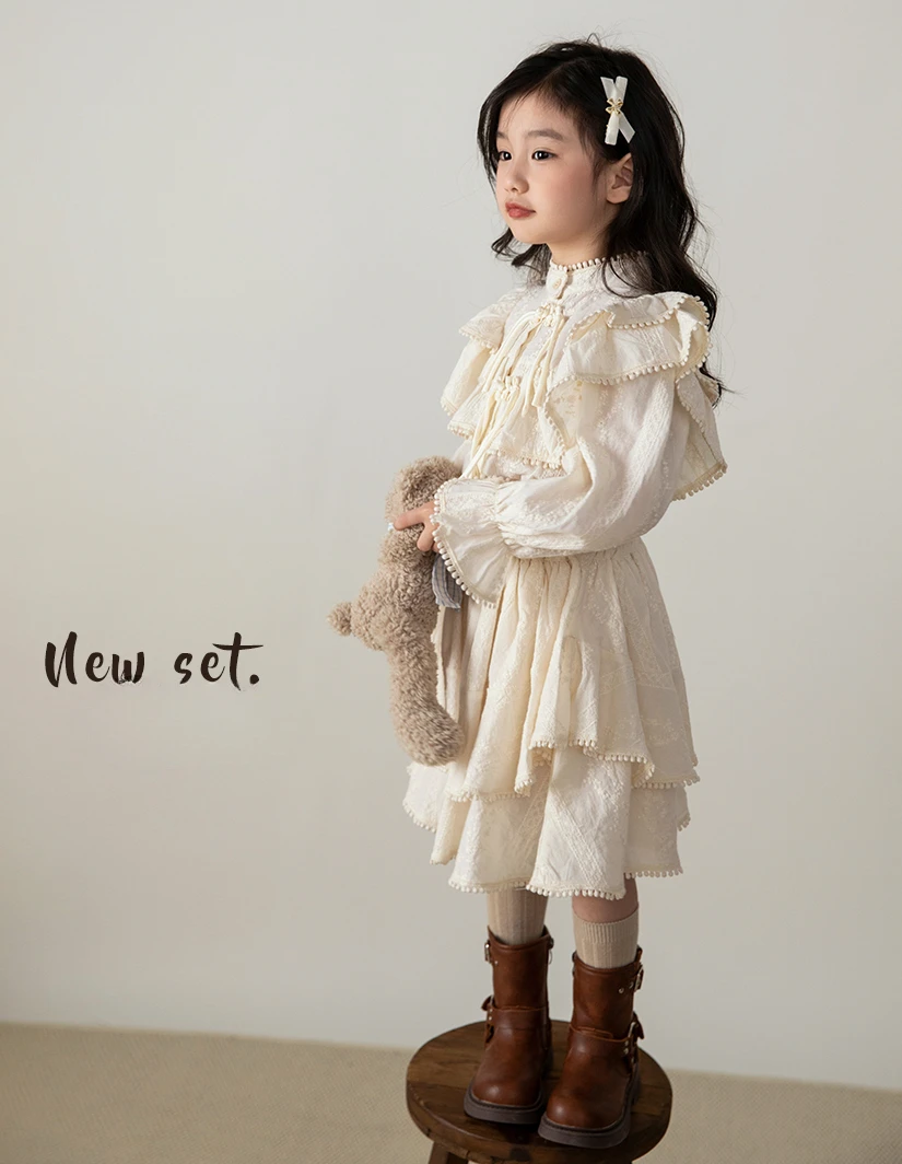 Girl Clothes Suit Dress Set Girl Autumn Dress 2024 New Girl Baby Autumn Lace Suit Children National Style Dress 2-piece Set