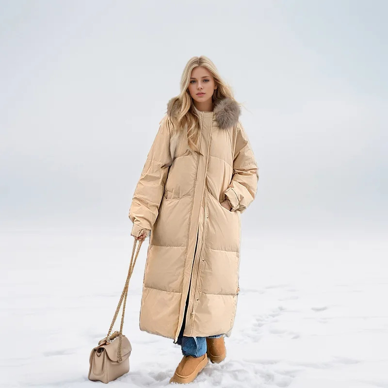 2025 Winter Women's Padded Jacket Long Over-the-knee Fur Collar Female Quilted Coat Warm Thicken Pure Color LadyParkas Coats