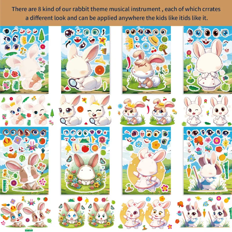 DIY Make A Bunny Face Stickers Sheets Easter Basket Stuffers Party Favor Cute Cartoon Rabbits Puzzle Stickers Kids Toddlers Gift