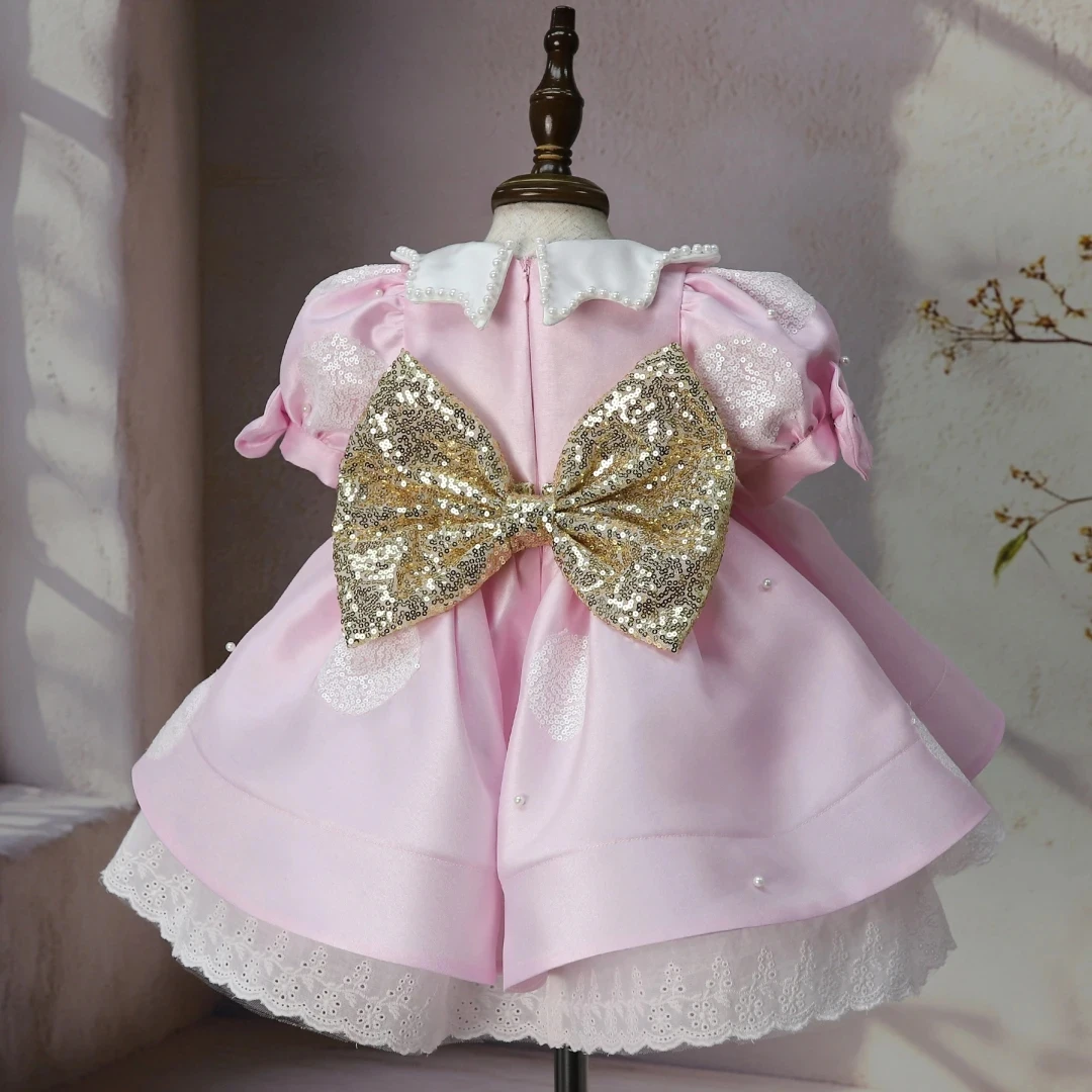 

Lovely Pink Flower Girl Dress for Wedding Glitter Pearls Bow High Waist Short Sleeve Cute Kids Birthday First Communion Gowns