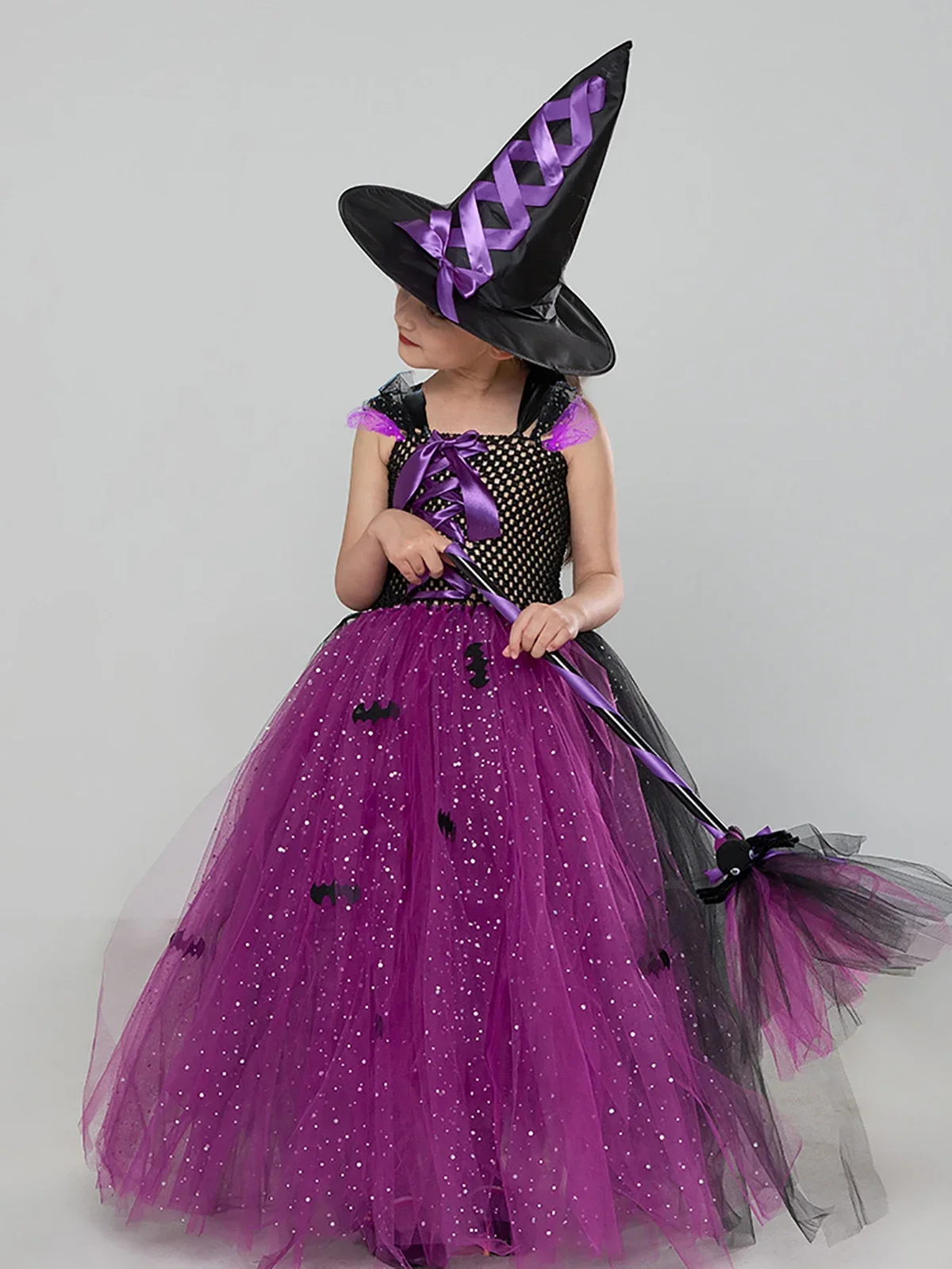 Halloween Bat Witch Dress for Girls Europe and America Sparkling Mesh Wizard Cosplay Party Costume Outfits