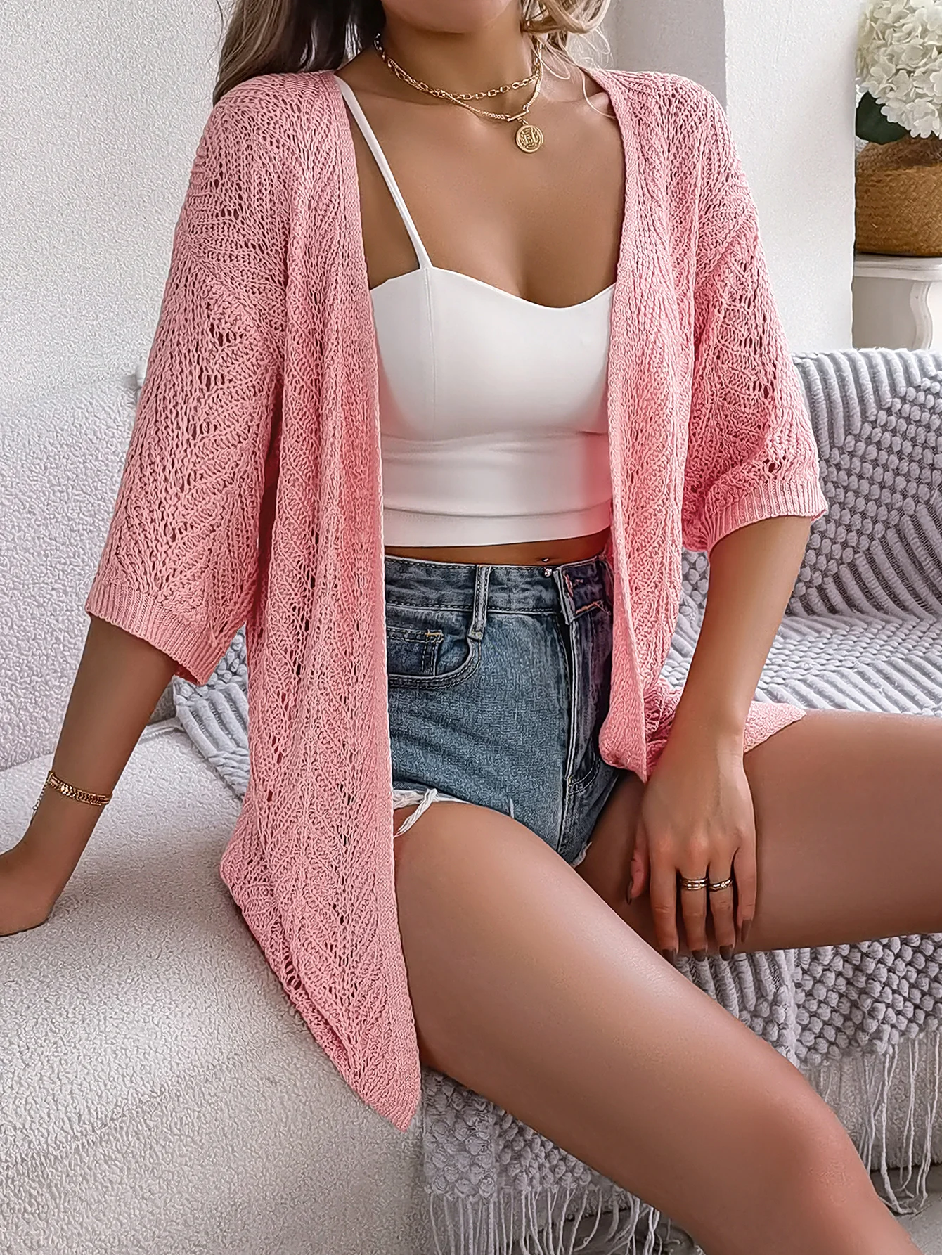 Spring Summer Casual Solid Color Hollow Out Short Sleeve Knitted Cardigan Beach Sun-Proof Tops