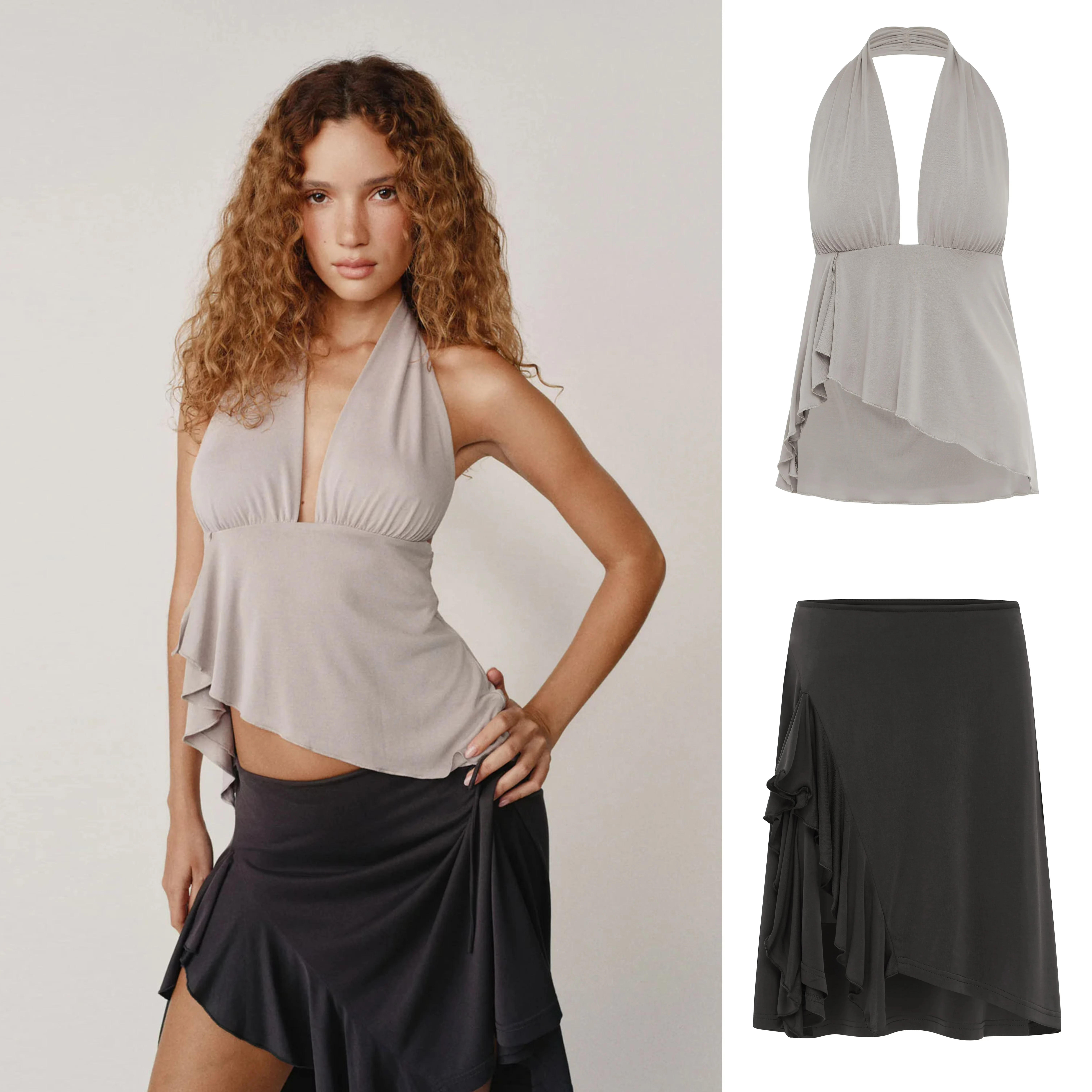 With Jen Grey Backless Halter Neck Deep V-Neck Pleated Low-Waisted Midi Skirt Irregular Slit Hem Women's Special Occasion Dress