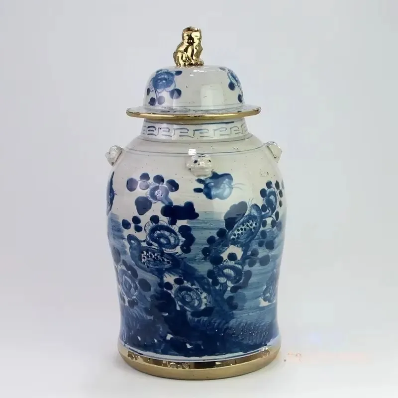Gold Plated Blue and White Ginger Jar Hand Painted Flower Bird Pattern Ceramic Decorative Jar American Retro Home Ornaments