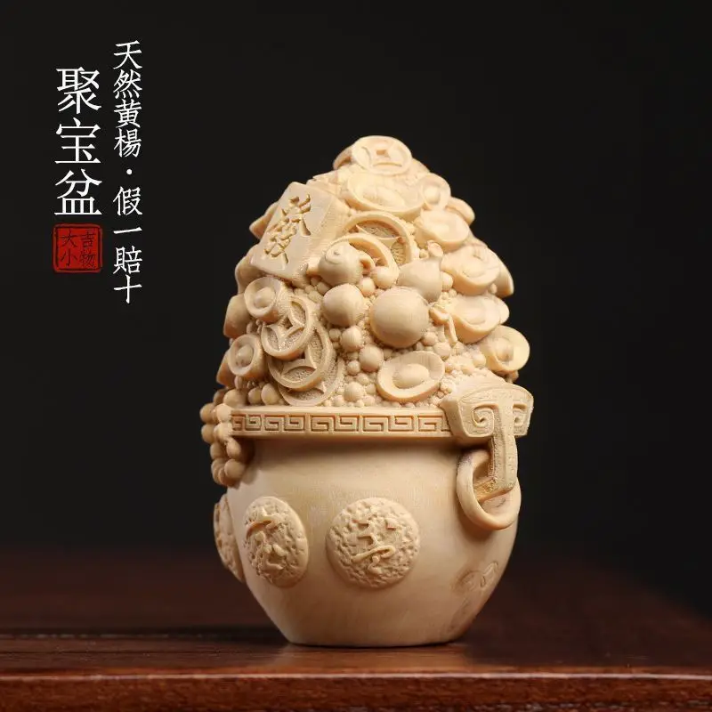 Natural Boxwood Carving Cornucopia Handicap Lucky Yuanbao Gourd Ruyi Good Luck Play Desktop Small Ornaments Furniture Decoration