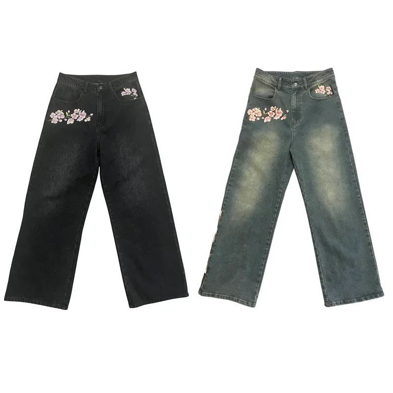 

Y2K Washed Distressed Jeans Vintage Cherry Blossom Pattern Embroidery High Waisted Wide Leg Jeans Men Women Fashion Streetwear