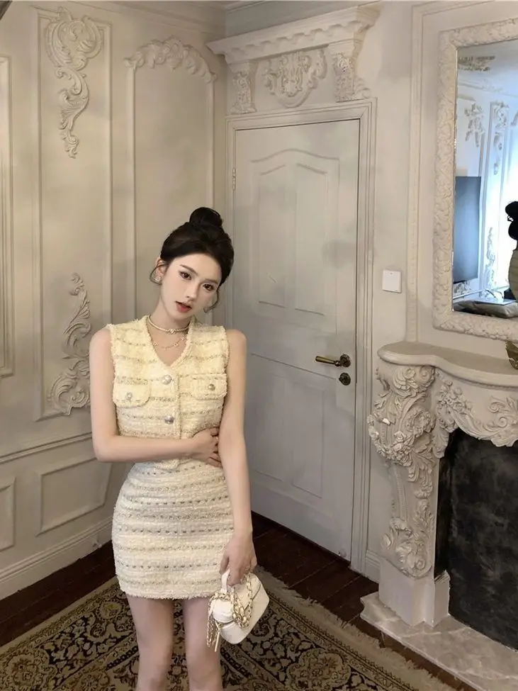 2022 zomer tweed tweedelige set voor dames vintage mouwloos vest top en midi rok outfit elegante chique stijl met klassieke vibes