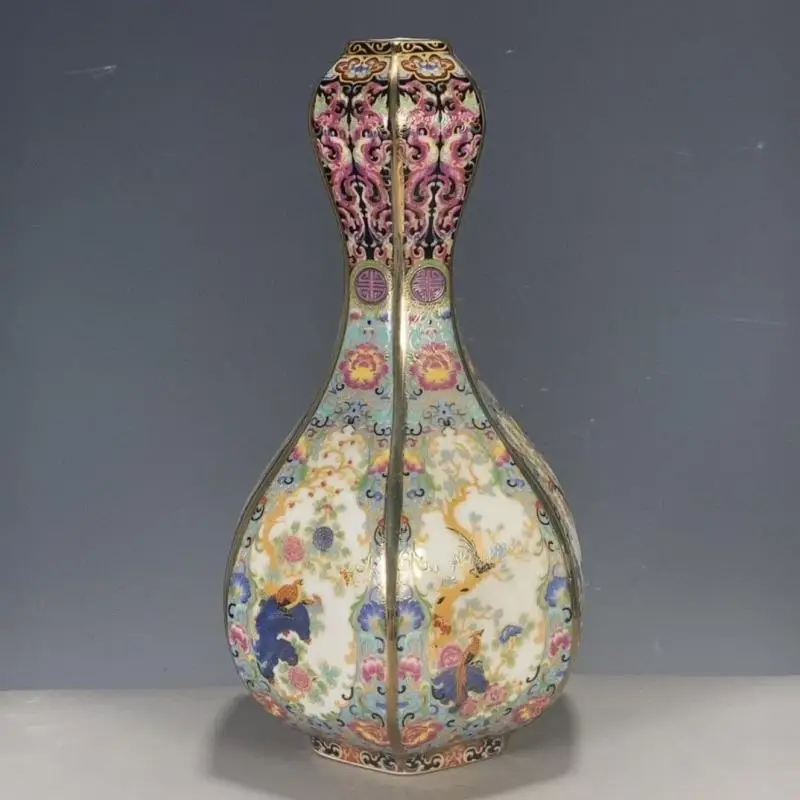 Chinese Enamel Gilded Flower Bird Garlic Porcelain Vase Multi Faceted pink enamel Ceramic Bottle Home Decor Collectible Craft
