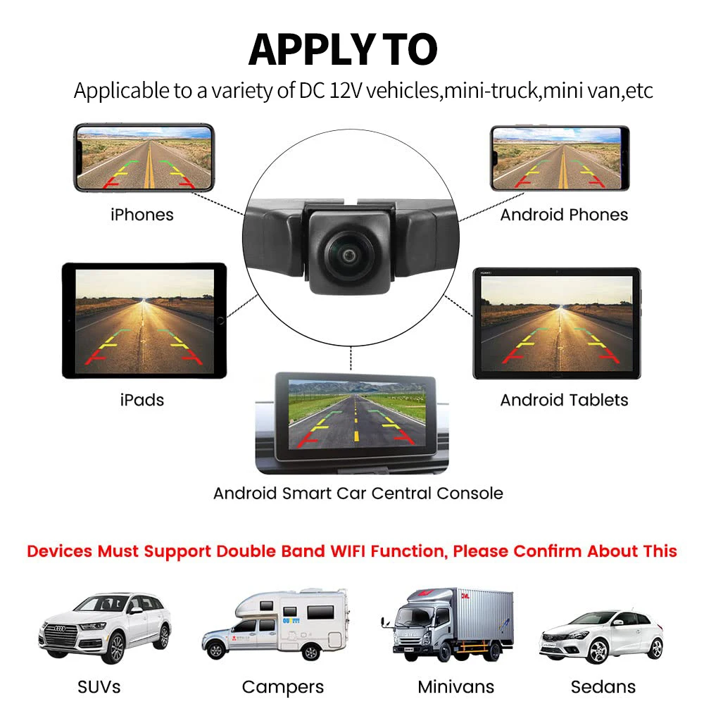 BOENKAI WIFI 5G bezprzewodowa kopia zapasowa pojazdu cofania uchwyt na aparat ekran Android i urządzenie IOS wyświetlacz samochodowy Kamera cofania