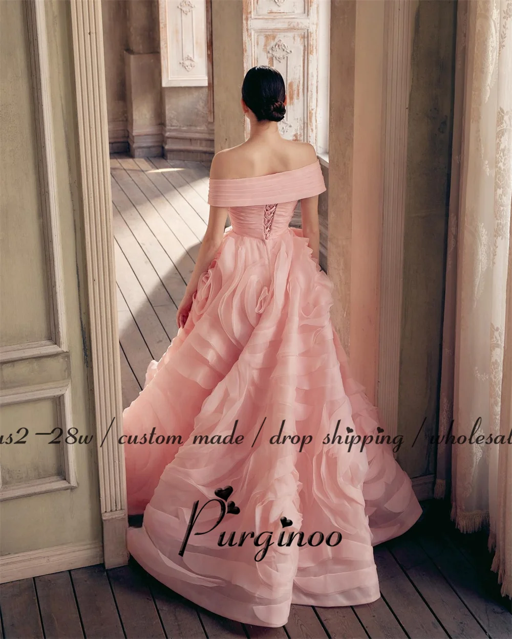 Purginoo Princess Flowers Evening Dresses for Women Pleated Lace Up Off the Shoulder Ceremony Vestidos De Noche Customised