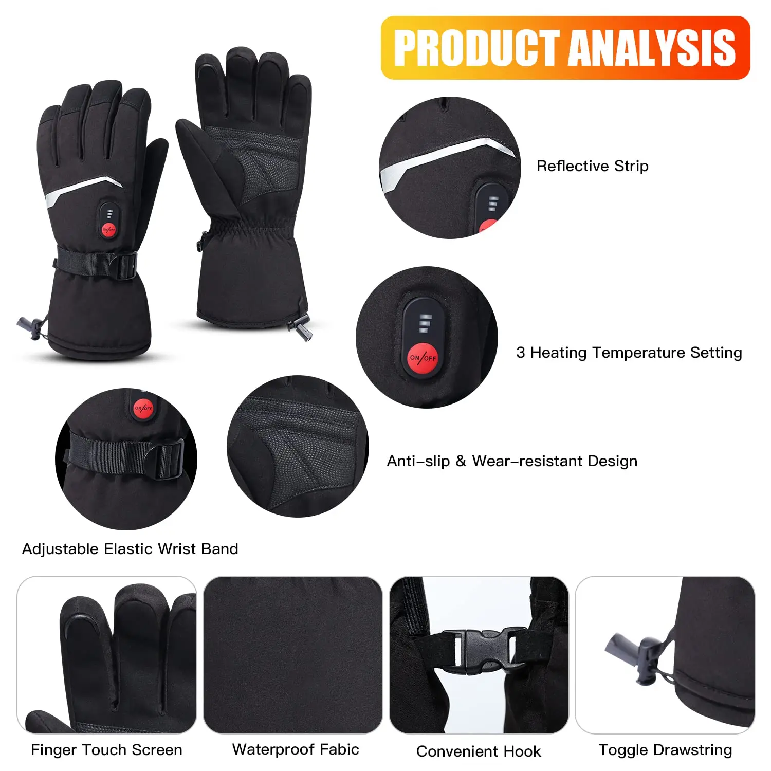 Gants chauffants pour hommes et femmes, chauffe-mains, batterie rechargeable, écran tactile, chauffage résistant à l\'eau, 7.4V, hiver