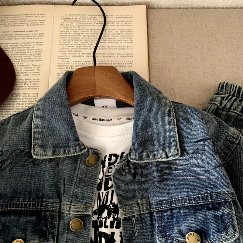 Boys Denim  Set 2025 Autumn Spring Korean Style Kids Clothes Fashion Trendy Letter Print Denim Jacket Jeans Two Piece Set