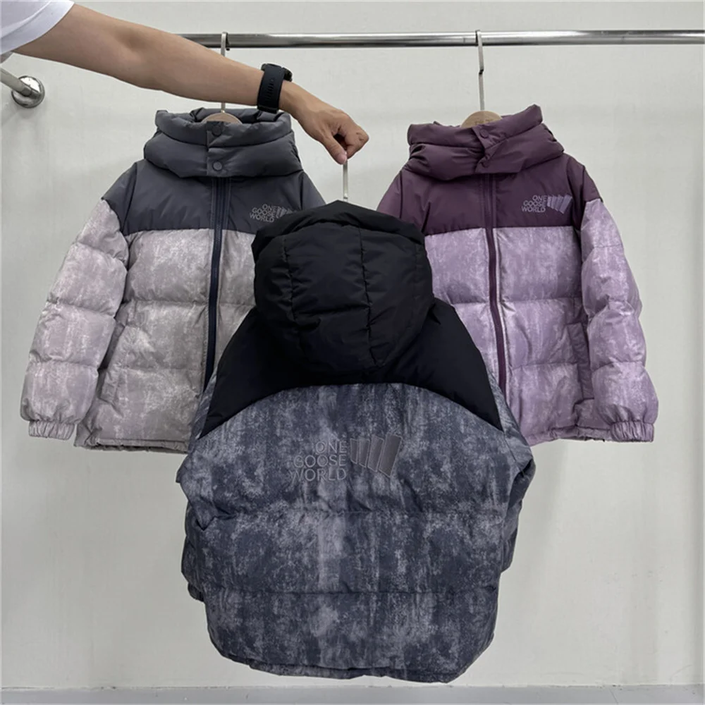 2024 Winter Children\'s Down Jacket Thickened Down Jacket for Boys And Girls Tie Dyeing Color blocked Hooded Down Jacket 24285