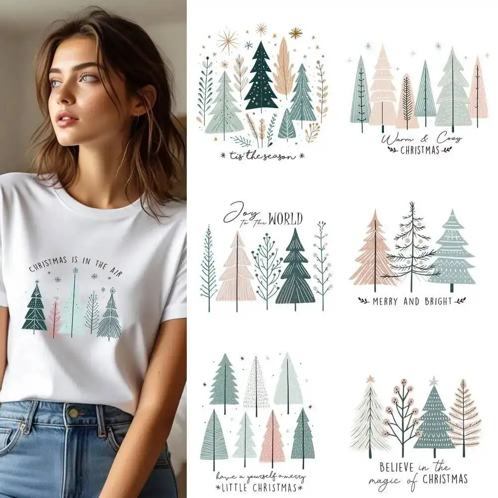 25CM Cute Nordic Style Cedar Painting Transfer Patches For Clothes Sticker DIY A-Level Washable Shirt Iron-on Thermal Stickers