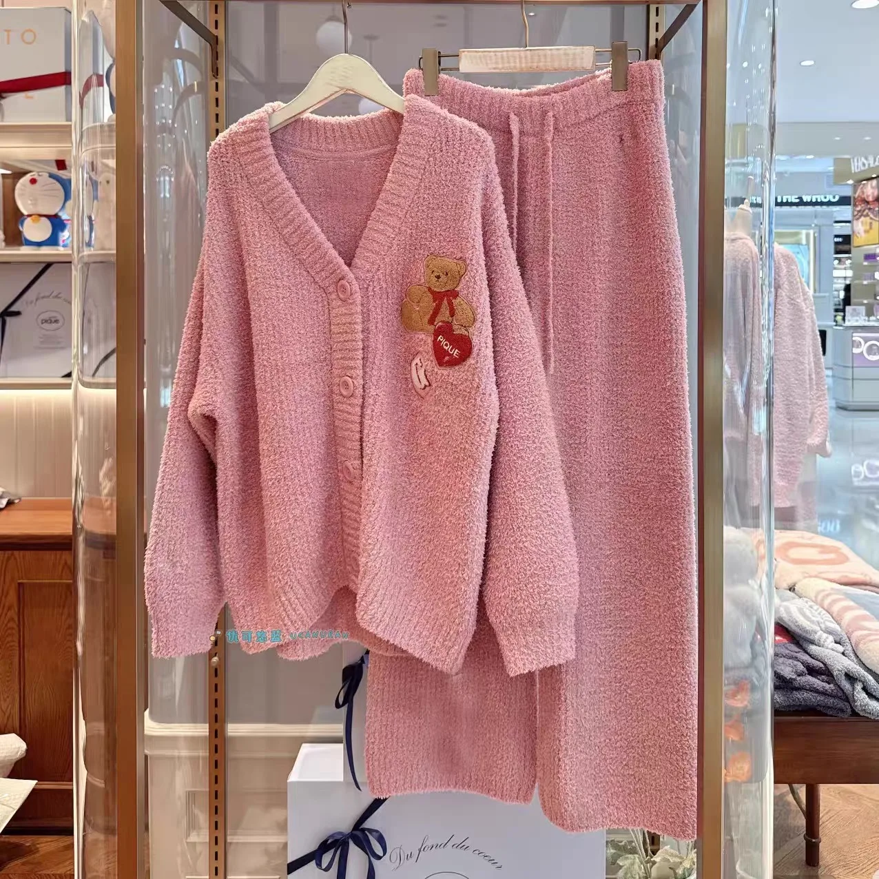 Winter Feather Yarn Knitted Cartoon Bear Warm Pajamas Women Set Home Wear Cardigan Pullover Pique Room Wear Outerwear Pajama