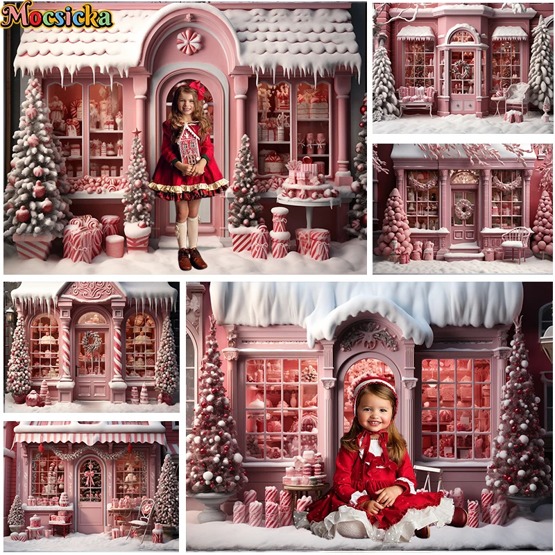 Mocsicka Pink Xmas Candy Store Background For Kids Family Portrait Photography Christmas Tree Wreath Gift Box Decor Props