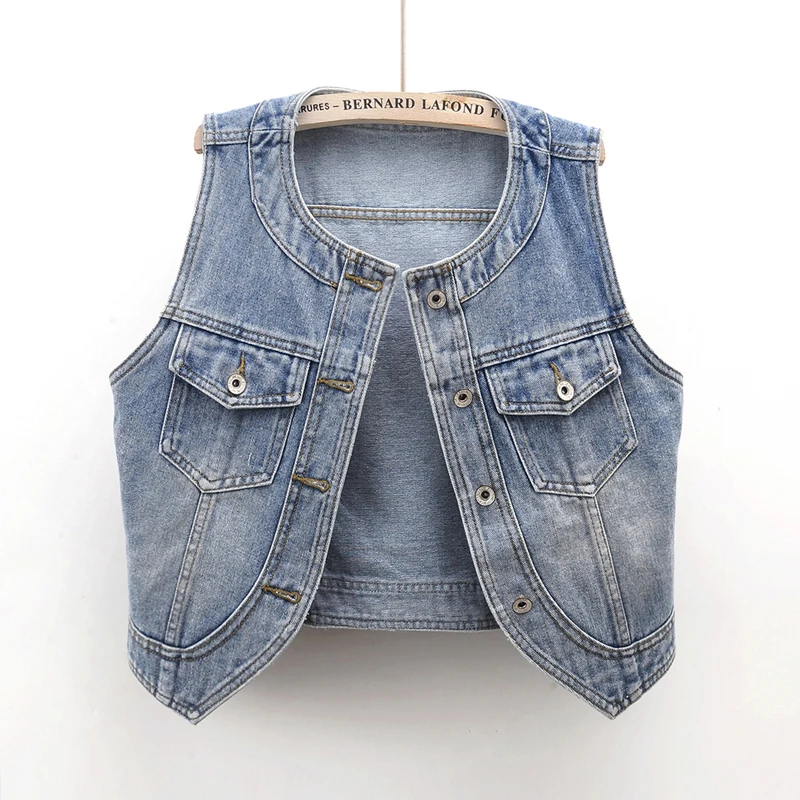 Spring Summer Vintage Blue O Collar Denim Vest Women Pocket Waistcoat Cowboy Sleeveless Jacket Slim Short Jeans Vest Coat Female